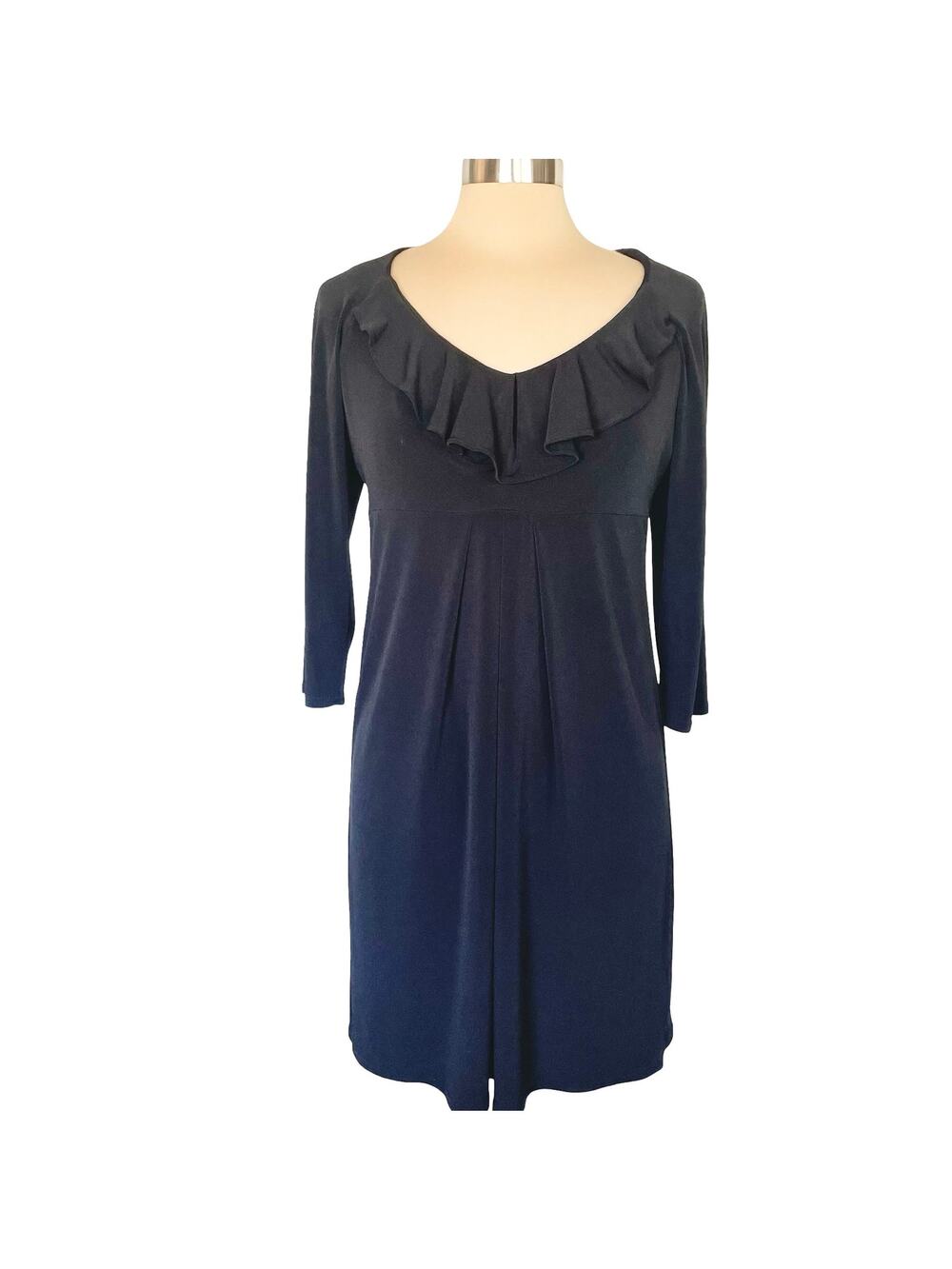 Uncle Frank Black Knit Dress Ruffled Neckline MED 3/4 Sleeves Classic Minimalist